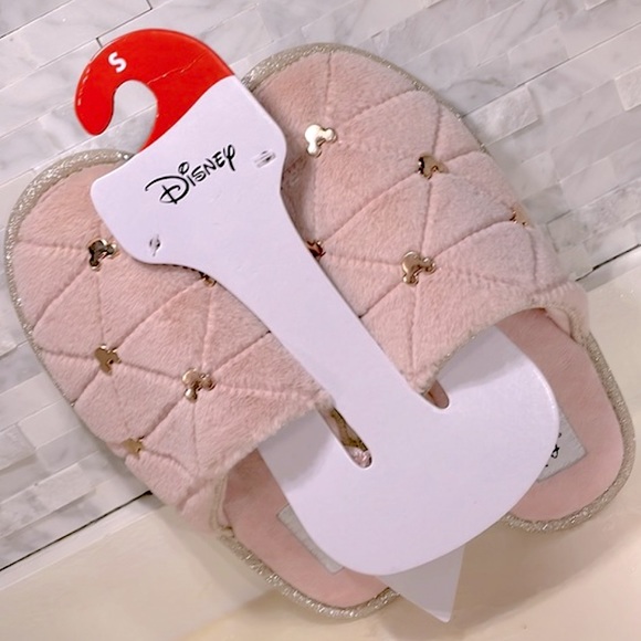 🆕 Disney Mickey Mouse Quilted Rose Gold Glitter Slippers w/Metallic Icon Charms - Picture 2 of 7